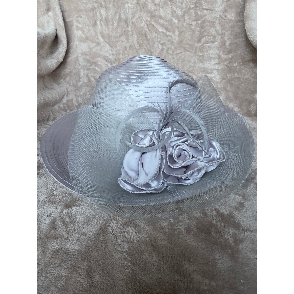 Ellen Tracy Silver Satin Hat Wide Brim Rosette Feather Church Wedding Derby